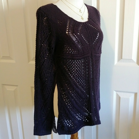 Anthropologie boho purple knit sheer back sweater - Picture 5 of 8